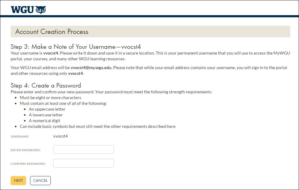 WGU student dashboard